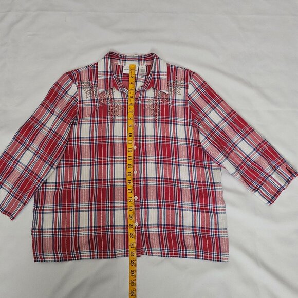 Alfred Dunner Red Plaid Rhinestone Accent Button Front 3/4 Sleeve Blouse Size 16 - Picture 13 of 13